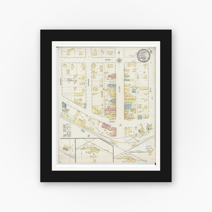 Old map wall art mockup — black gallery frame with white mat — Sanborn Fire Insurance Map from Clinton, Rock County, Wisconsin (1894), Sheet #0001