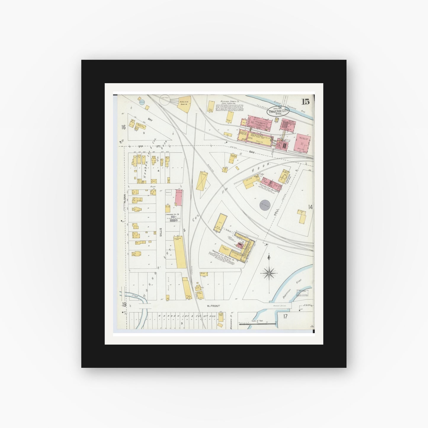 Old map wall art mockup — black gallery frame with white mat — Sanborn Fire Insurance Map from Traverse City, Grand Traverse County, Michigan (1904), Sheet #0015