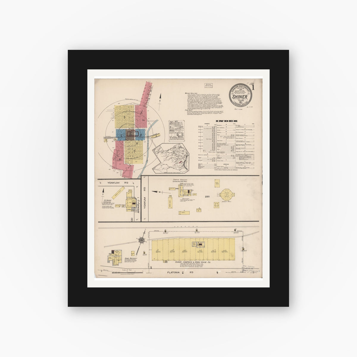 Old map wall art mockup — black gallery frame with white mat — Sanborn Fire Insurance Map from Shiner, Lavaca County, Texas (1922) - Complete Map Set