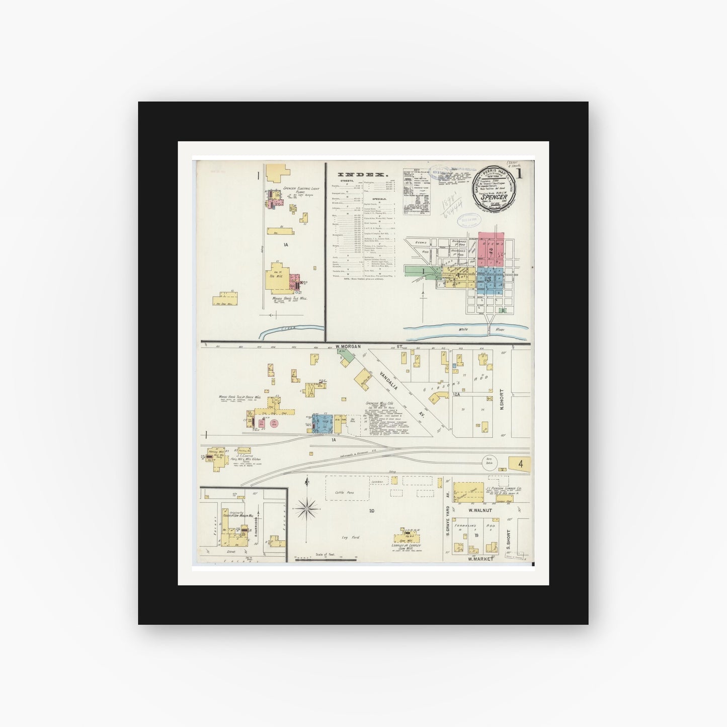 Old map wall art mockup — black gallery frame with white mat — Sanborn Fire Insurance Map from Spencer, Owen County, Indiana (1898) - Complete Map Set