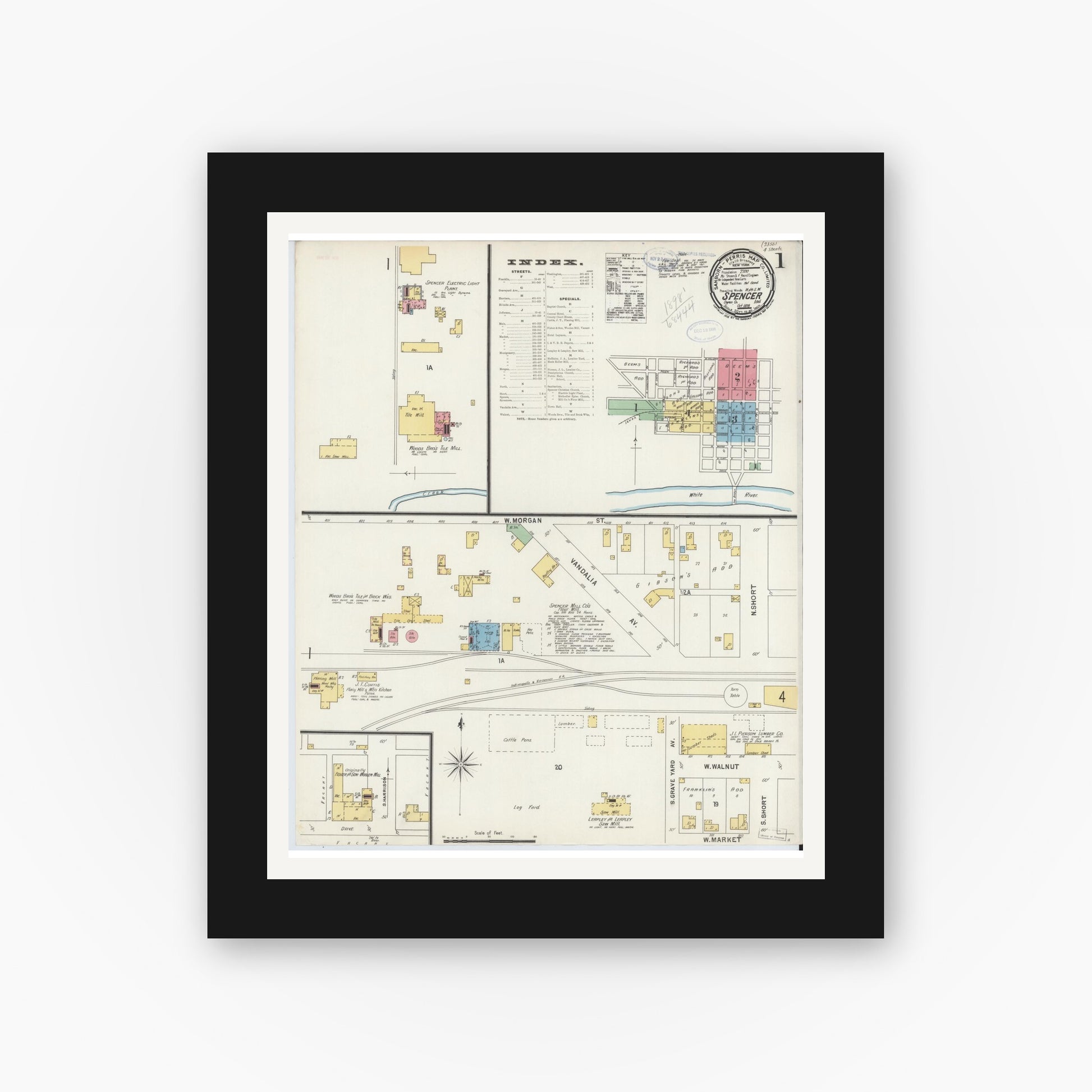 Old map wall art mockup — black gallery frame with white mat — Sanborn Fire Insurance Map from Spencer, Owen County, Indiana (1898) - Complete Map Set