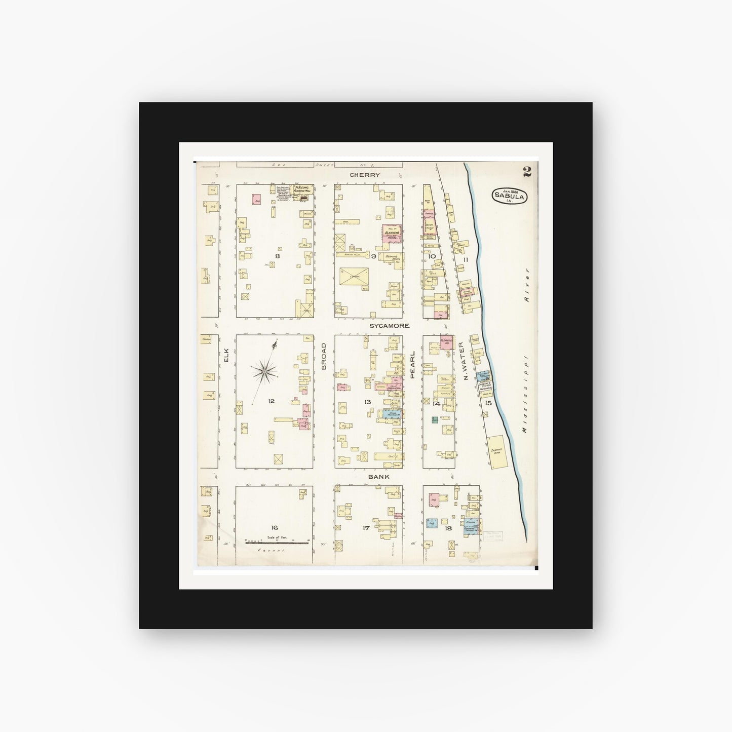Old map wall art mockup — black gallery frame with white mat — Sanborn Fire Insurance Map from Sabula, Jackson County, Iowa (1886), Sheet #0002