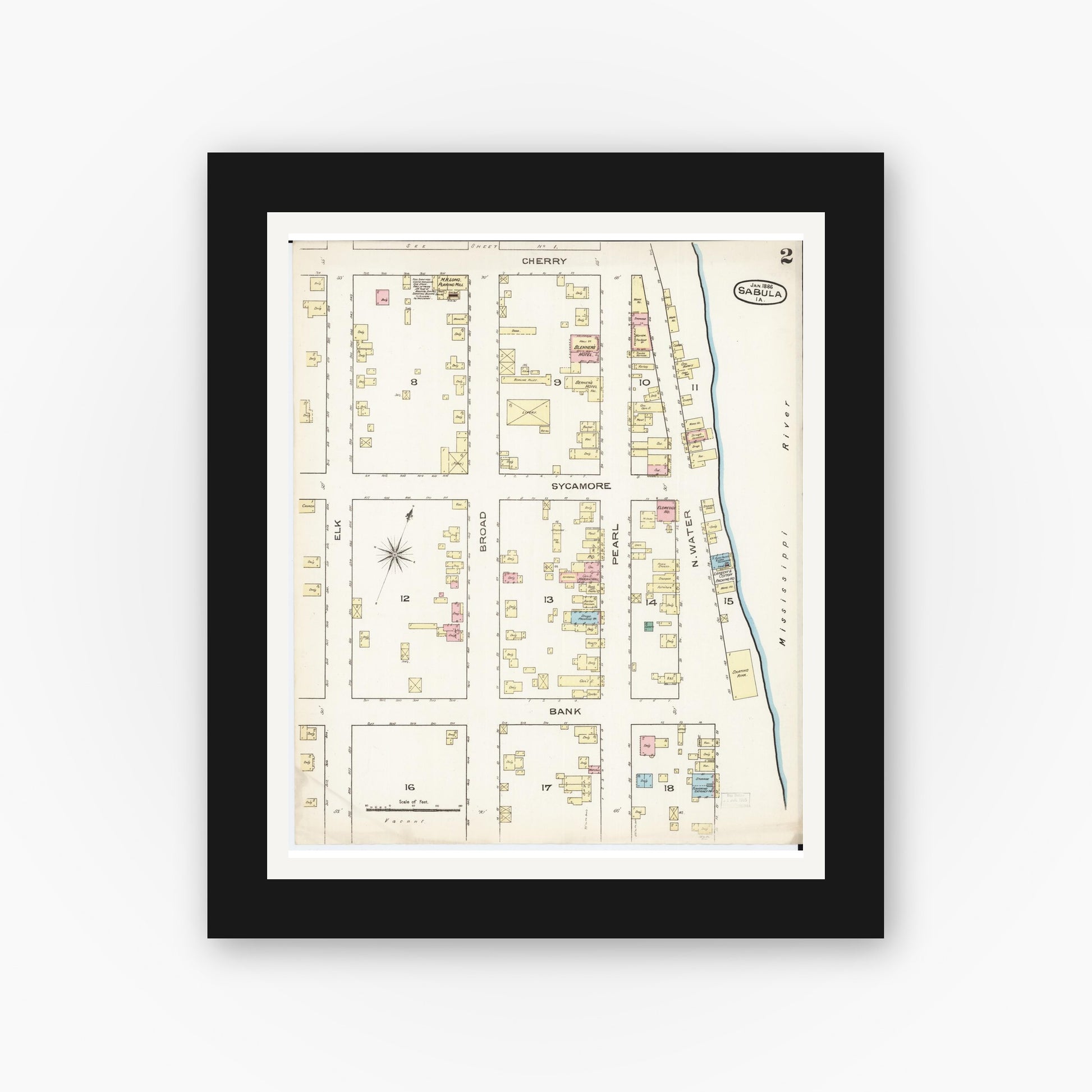 Old map wall art mockup — black gallery frame with white mat — Sanborn Fire Insurance Map from Sabula, Jackson County, Iowa (1886), Sheet #0002