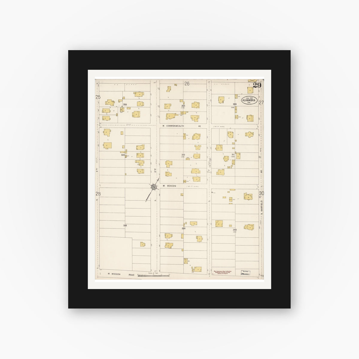 Old map wall art mockup — black gallery frame with white mat — Sanborn Fire Insurance Map from Alhambra, Los Angeles County, California (1912), Sheet #0029