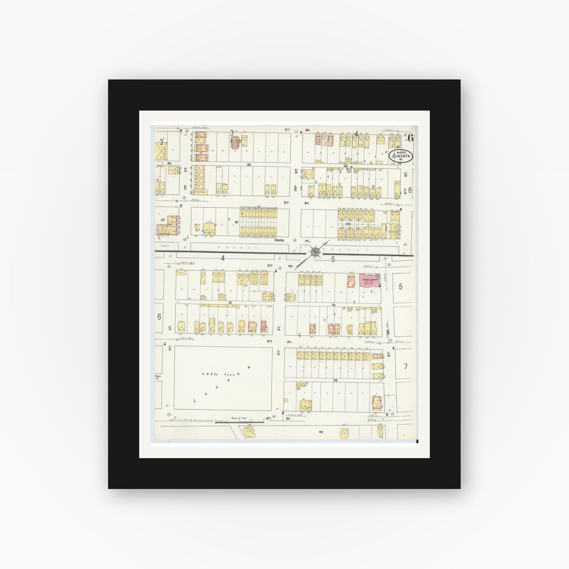 Old map wall art mockup — black gallery frame with white mat — Sanborn Fire Insurance Map from Juniata, Blair County, Pennsylvania (1910), Sheet #0006