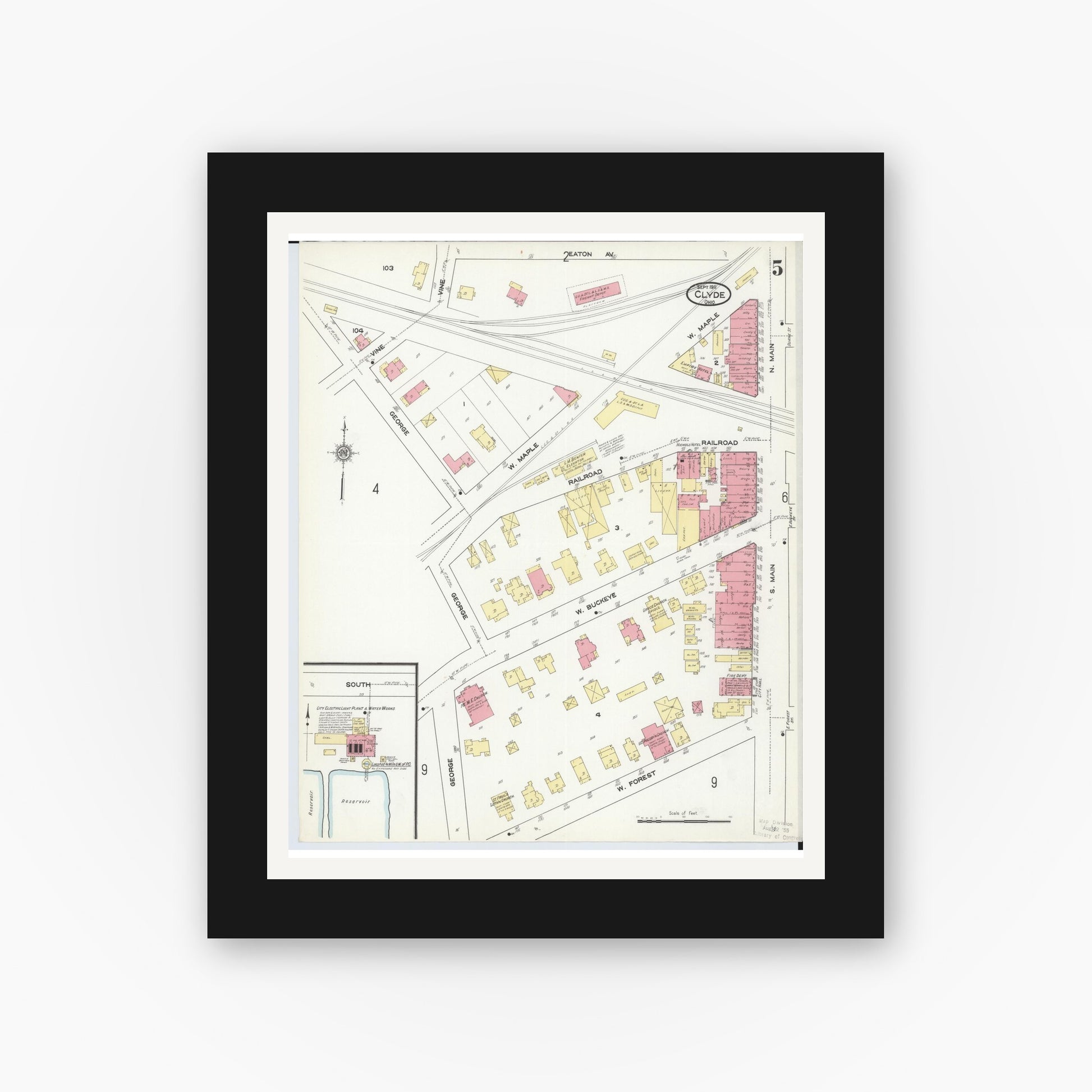 Old map wall art mockup — black gallery frame with white mat — Sanborn Fire Insurance Map from Clyde, Sandusky County, Ohio (1911), Sheet #0005
