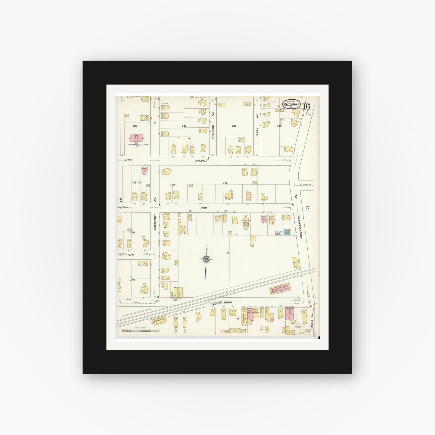 Old map wall art mockup — black gallery frame with white mat — Sanborn Fire Insurance Map from Ridgway, Elk County, Pennsylvania (1915), Sheet #0016