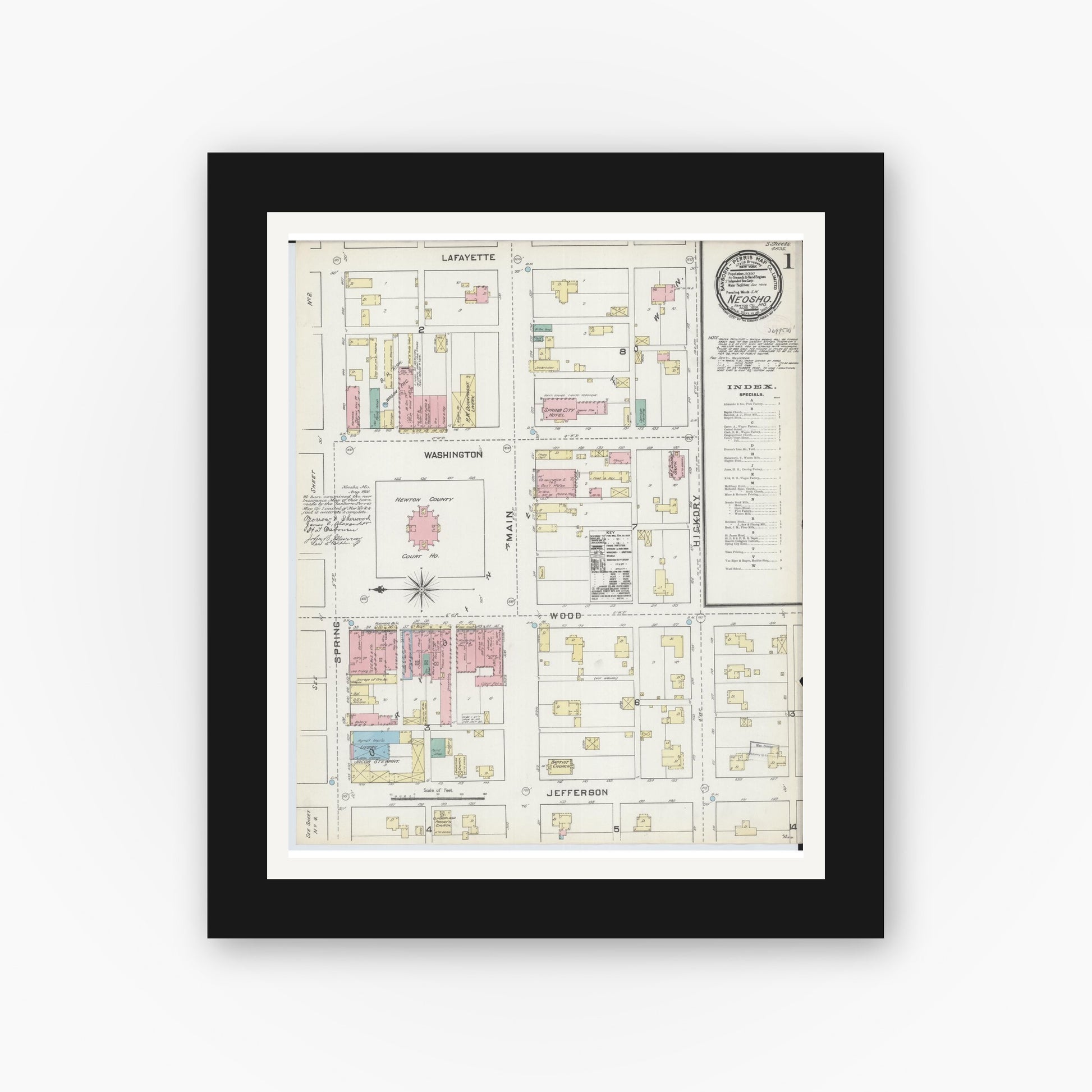 Old map wall art mockup — black gallery frame with white mat — Sanborn Fire Insurance Map from Neosho, Newton County, Missouri (1891), Sheet #0001