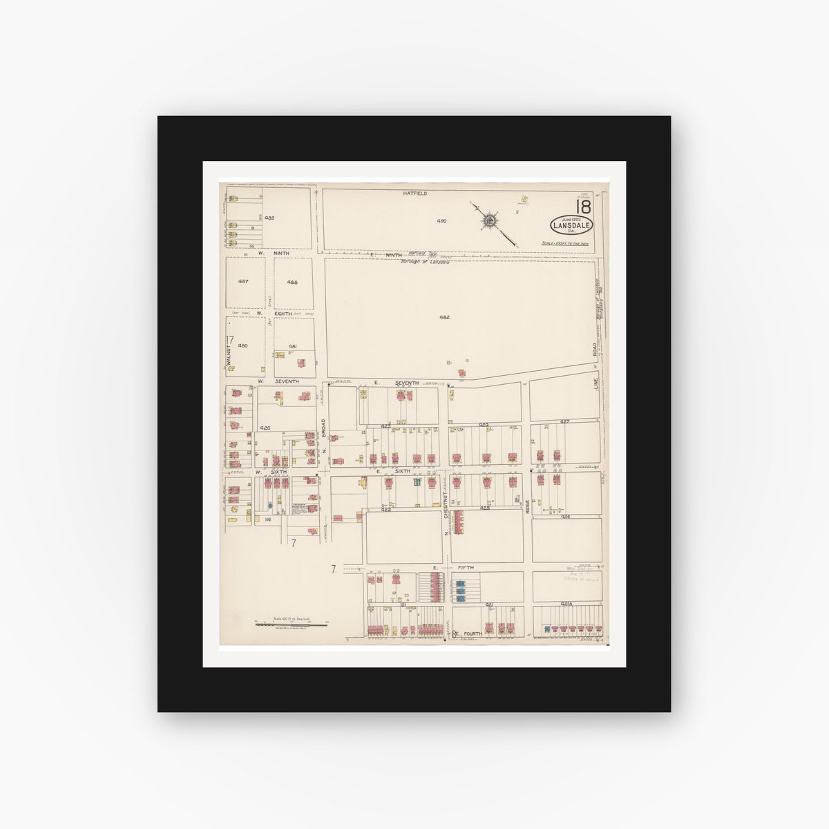 Old map wall art mockup — black gallery frame with white mat — Sanborn Fire Insurance Map from Lansdale, Montgomery County, Pennsylvania (1922), Sheet #0018
