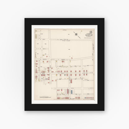 Old map wall art mockup — black gallery frame with white mat — Sanborn Fire Insurance Map from Lansdale, Montgomery County, Pennsylvania (1922), Sheet #0018