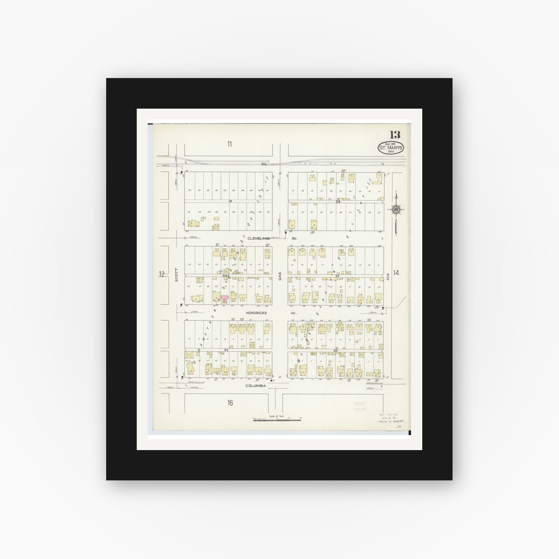 Old map wall art mockup — black gallery frame with white mat — Sanborn Fire Insurance Map from Saint Marys, Auglaize County, Ohio (1914), Sheet #0013