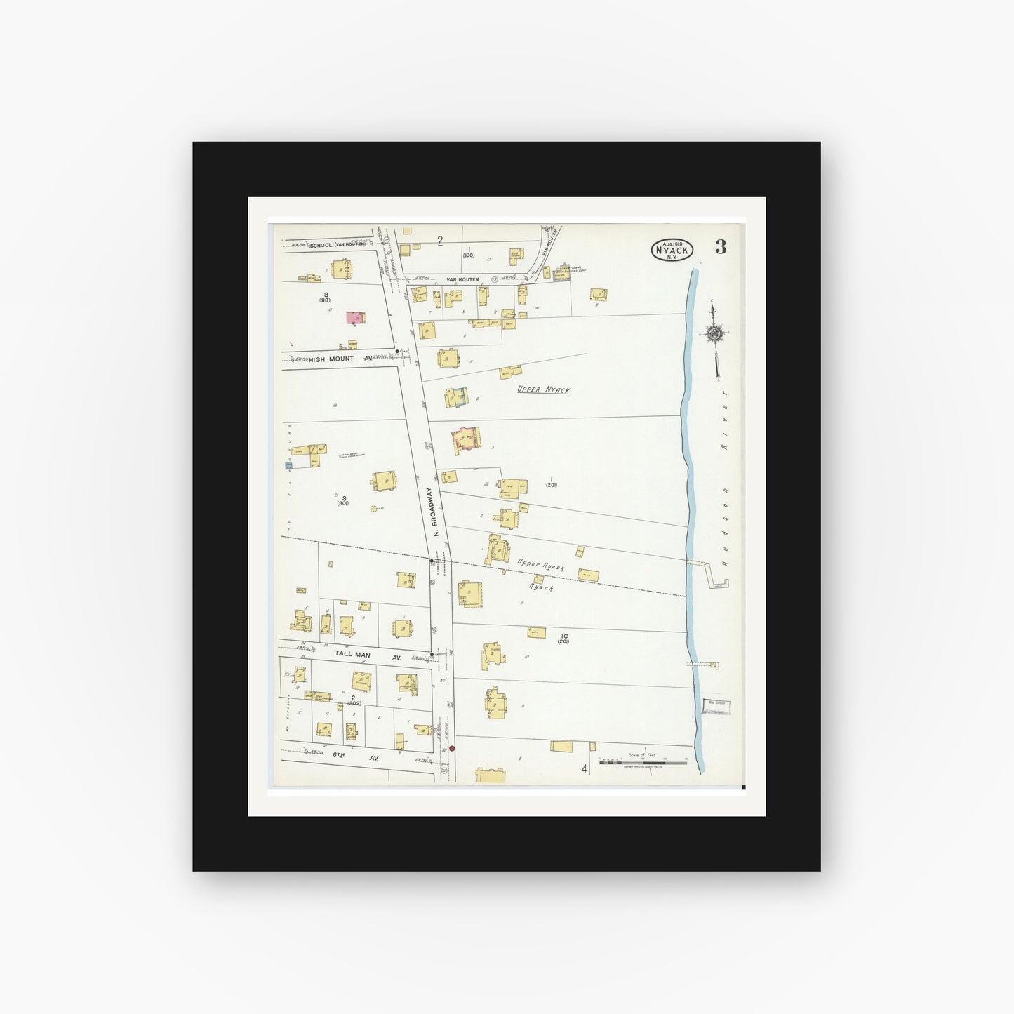 Old map wall art mockup — black gallery frame with white mat — Sanborn Fire Insurance Map from Nyack, Rockland County, New York. (1919), Sheet #0003
