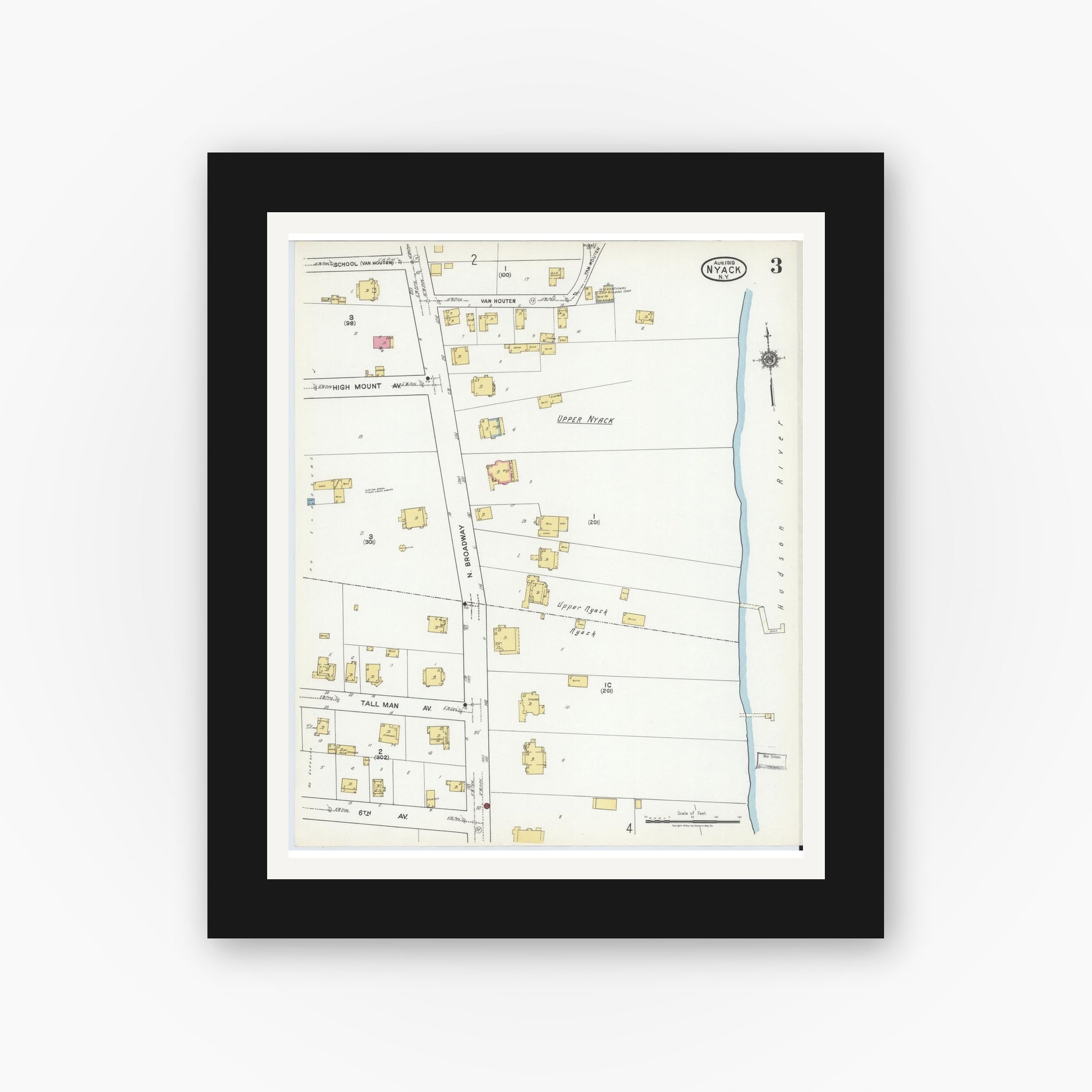 Old map wall art mockup — black gallery frame with white mat — Sanborn Fire Insurance Map from Nyack, Rockland County, New York. (1919), Sheet #0003
