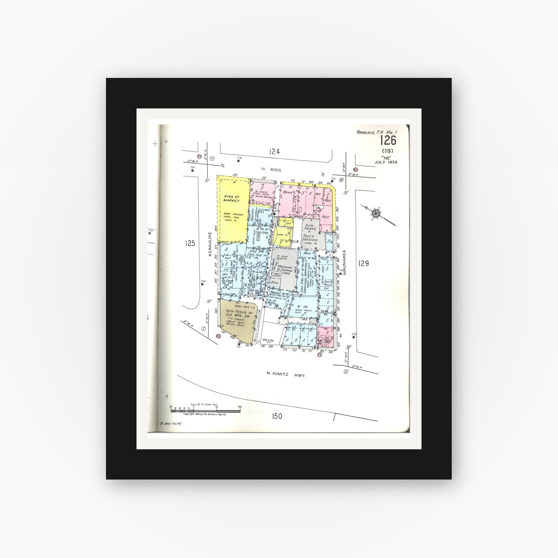 Old map wall art mockup — black gallery frame with white mat — Sanborn Fire Insurance Map from Honolulu, Oahu County, Hawaii (1955), Sheet #0126