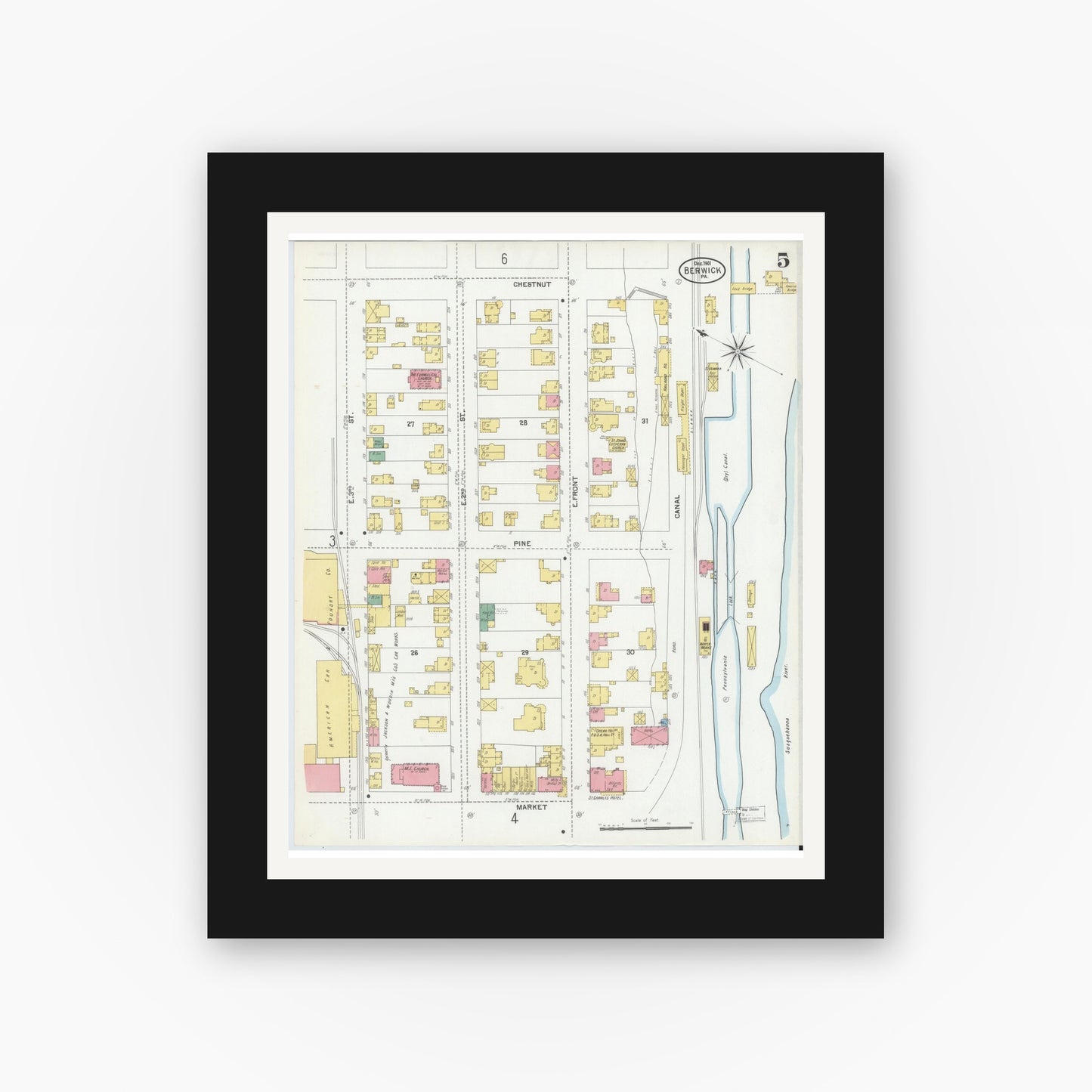 Old map wall art mockup — black gallery frame with white mat — Sanborn Fire Insurance Map from Berwick, Columbia County, Pennsylvania (1901), Sheet #0005