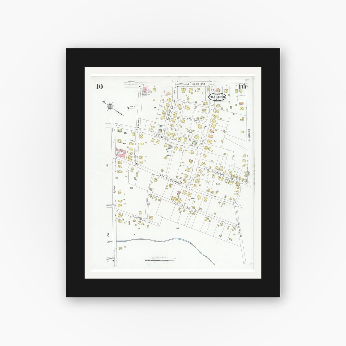 Old map wall art mockup — black gallery frame with white mat — Sanborn Fire Insurance Map from Burlington, Alamance County, North Carolina (1929), Sheet #0010