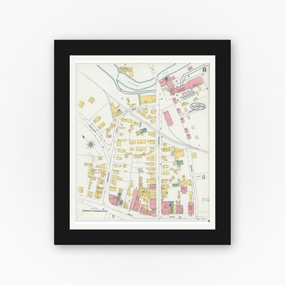 Old map wall art mockup — black gallery frame with white mat — Sanborn Fire Insurance Map from Southbridge, Worcester County, Massachusetts (1904), Sheet #0008