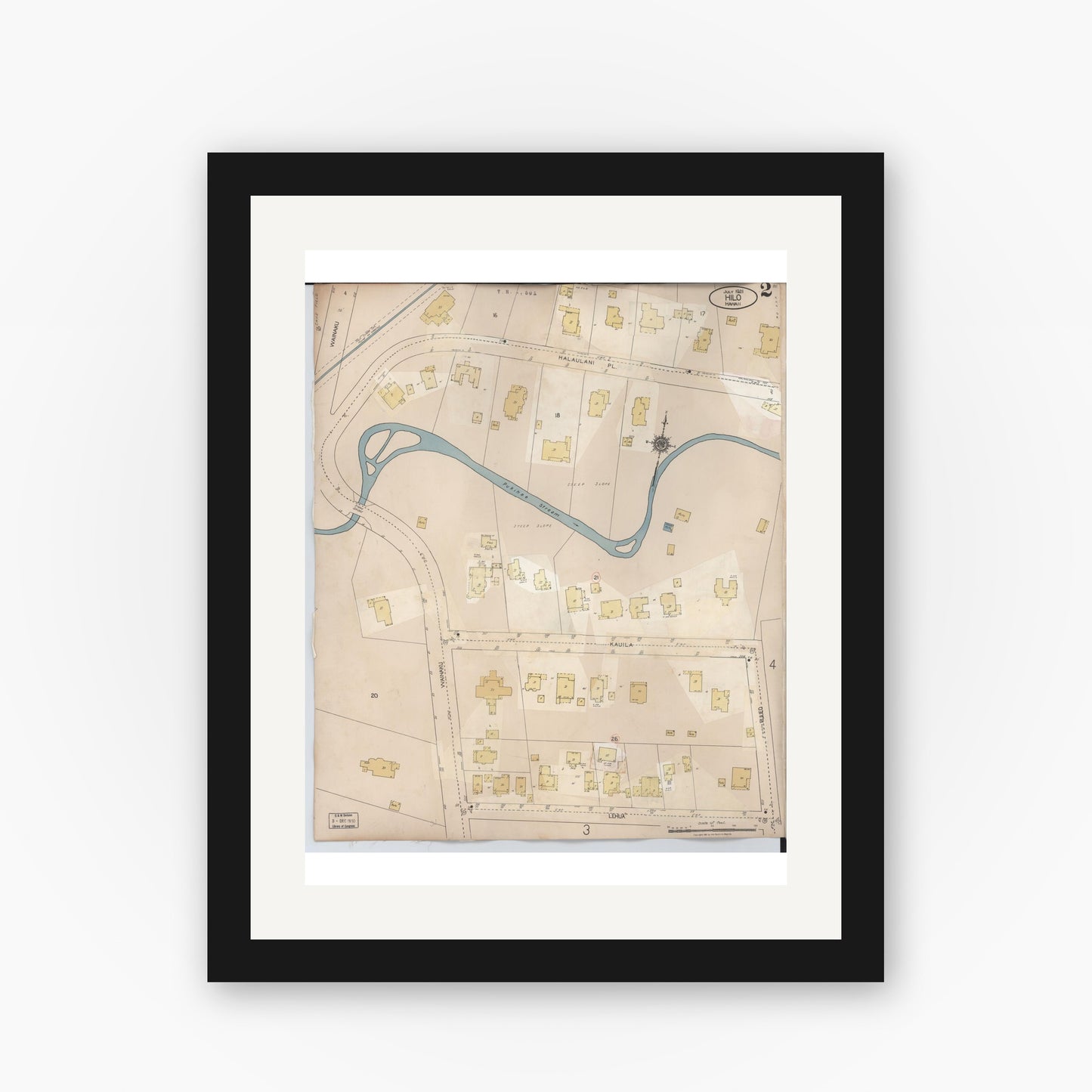 Old map wall art mockup — black gallery frame with white mat — Sanborn Fire Insurance Map from Hilo, Hawaii County, Hawaii (1957), Sheet #0002