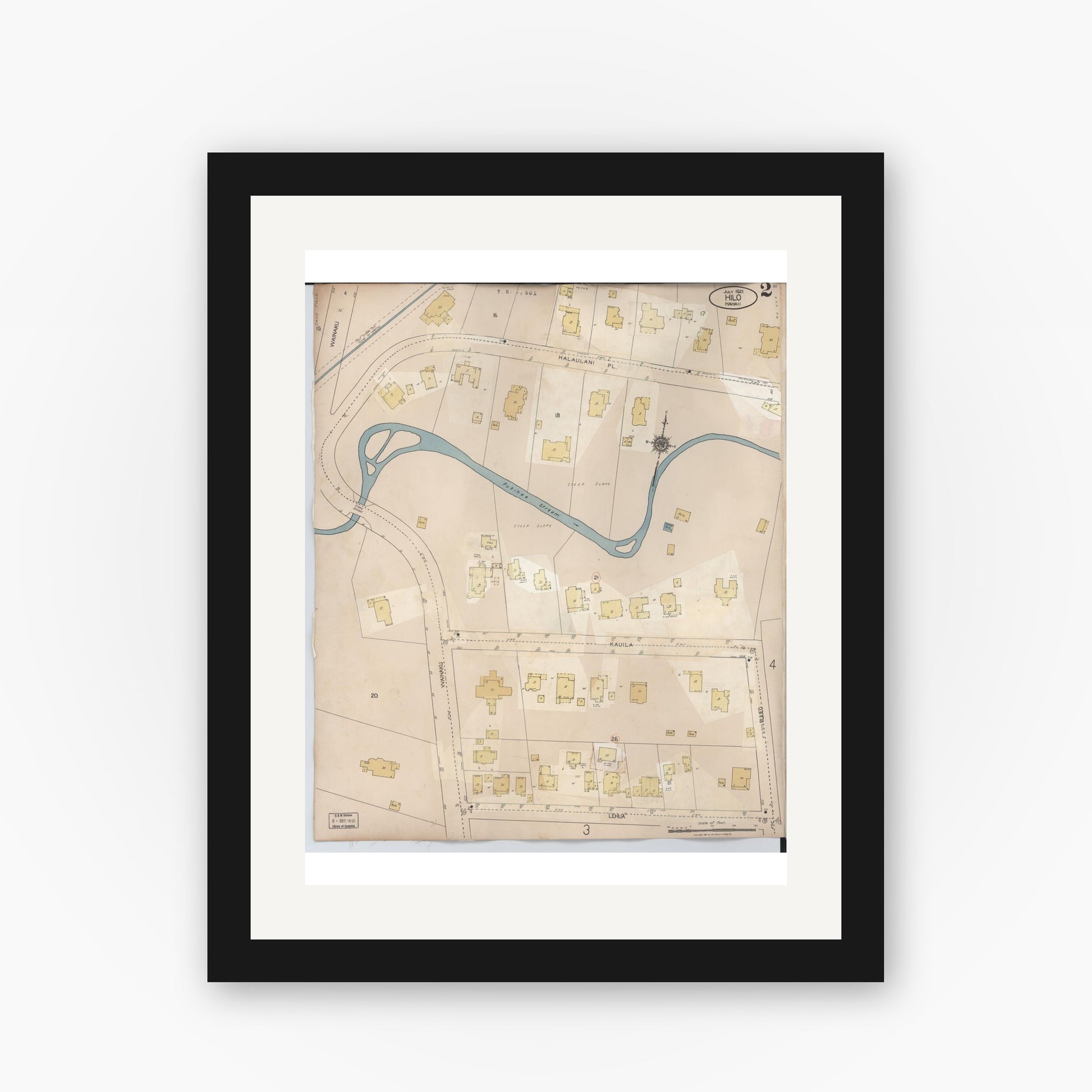 Old map wall art mockup — black gallery frame with white mat — Sanborn Fire Insurance Map from Hilo, Hawaii County, Hawaii (1957), Sheet #0002
