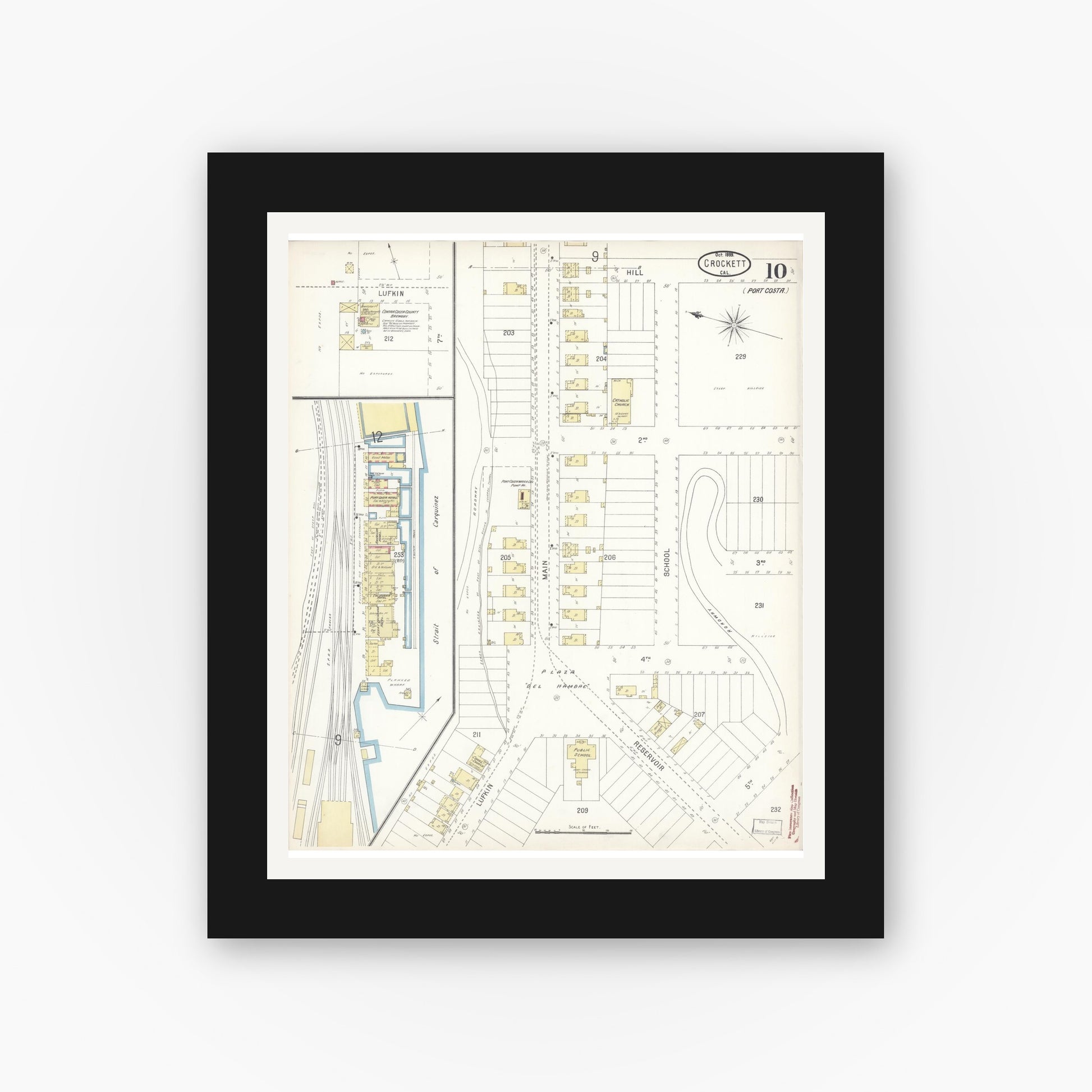 Old map wall art mockup — black gallery frame with white mat — Sanborn Fire Insurance Map from Crockett, Contra Costa County, California (1899), Sheet #0010