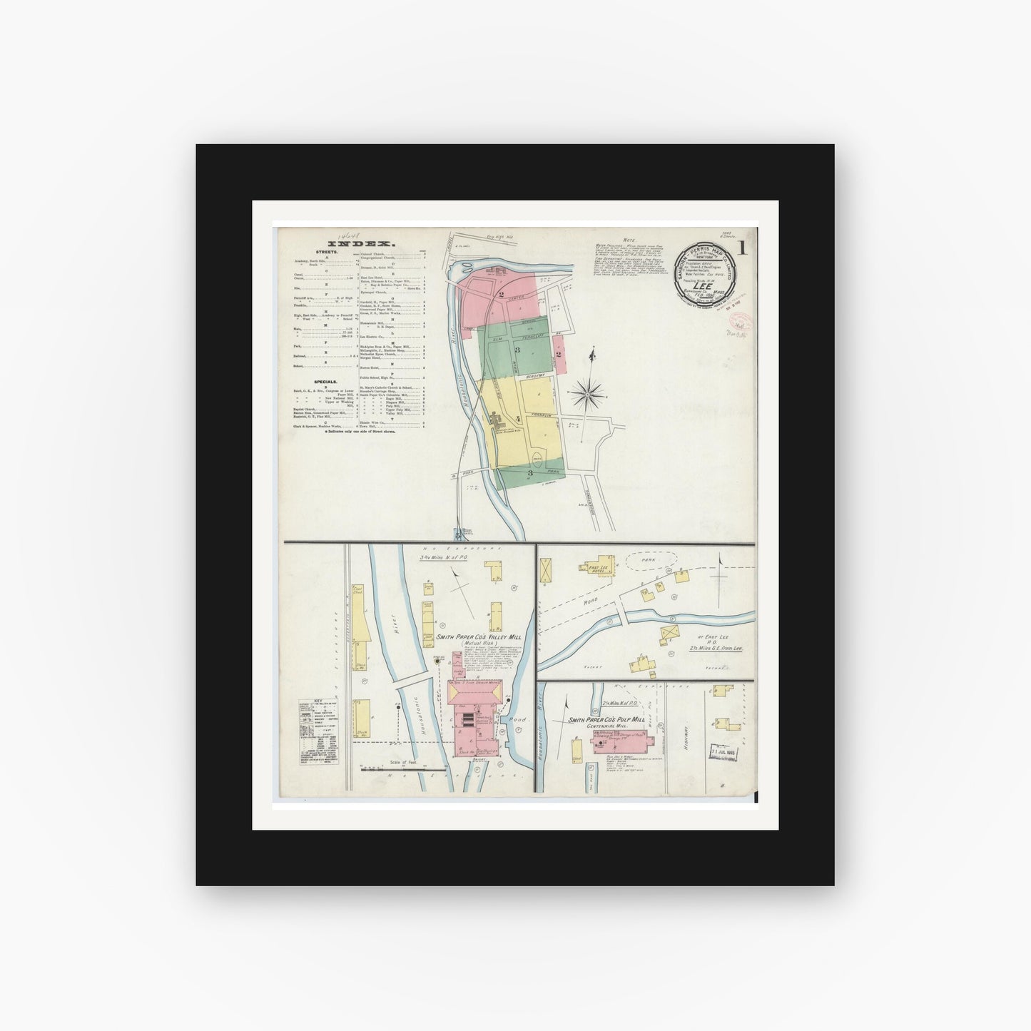 Old map wall art mockup — black gallery frame with white mat — Sanborn Fire Insurance Map from Lee, Berkshire County, Massachusetts (1895), Sheet #0001