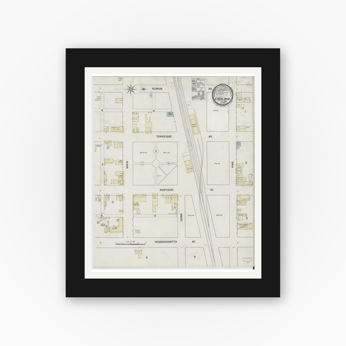 Old map wall art mockup — black gallery frame with white mat — Sanborn Fire Insurance Map from Lakeland, Polk County, Florida (1889), Sheet #0001