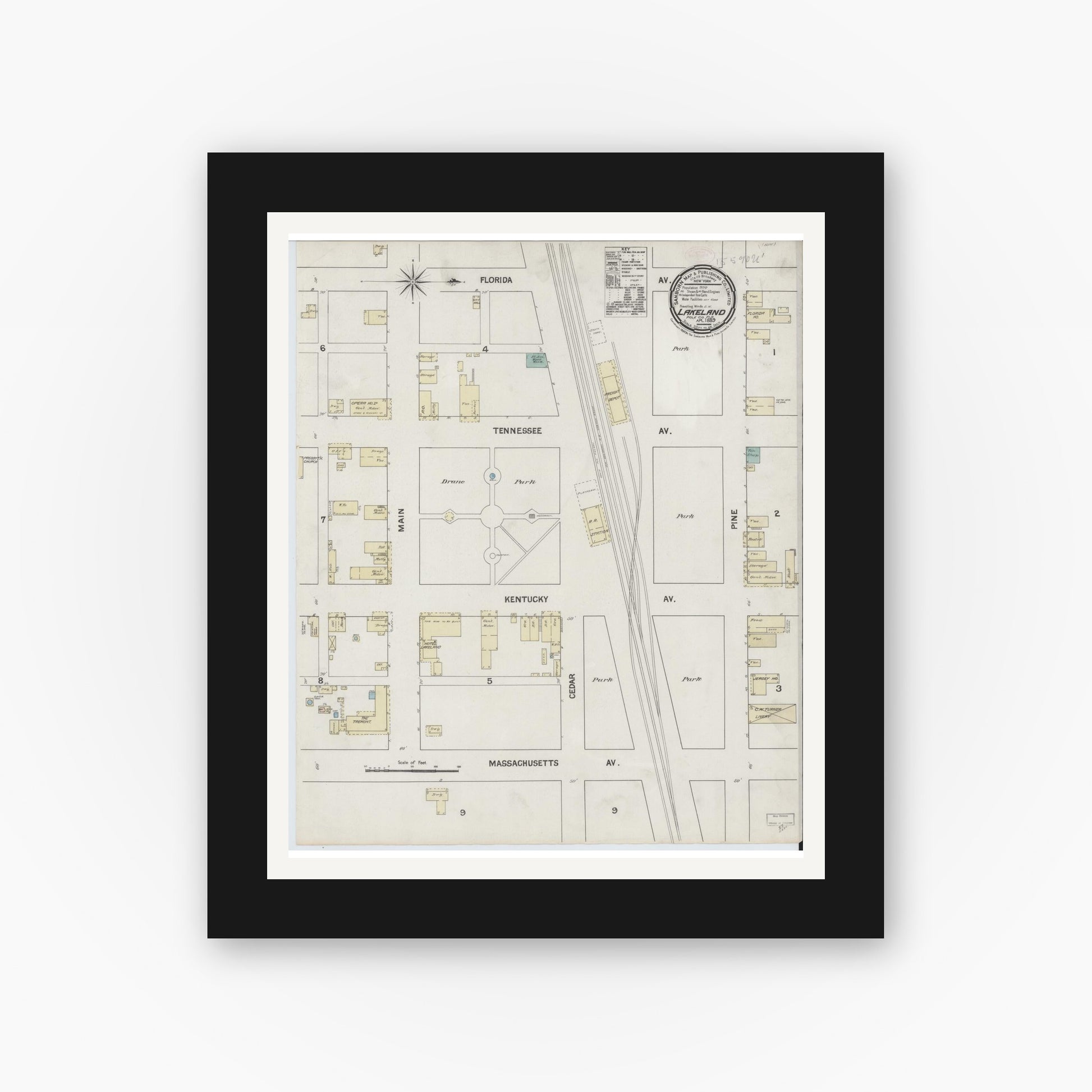 Old map wall art mockup — black gallery frame with white mat — Sanborn Fire Insurance Map from Lakeland, Polk County, Florida (1889), Sheet #0001