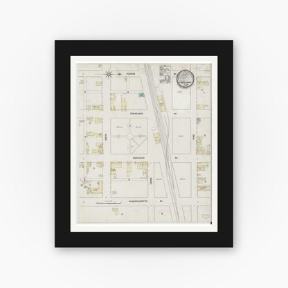 Old map wall art mockup — black gallery frame with white mat — Sanborn Fire Insurance Map from Lakeland, Polk County, Florida (1889), Sheet #0001
