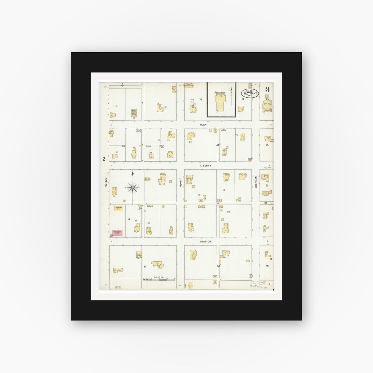 Old map wall art mockup — black gallery frame with white mat — Sanborn Fire Insurance Map from Pilot Point, Denton County, Texas (1901), Sheet #0003