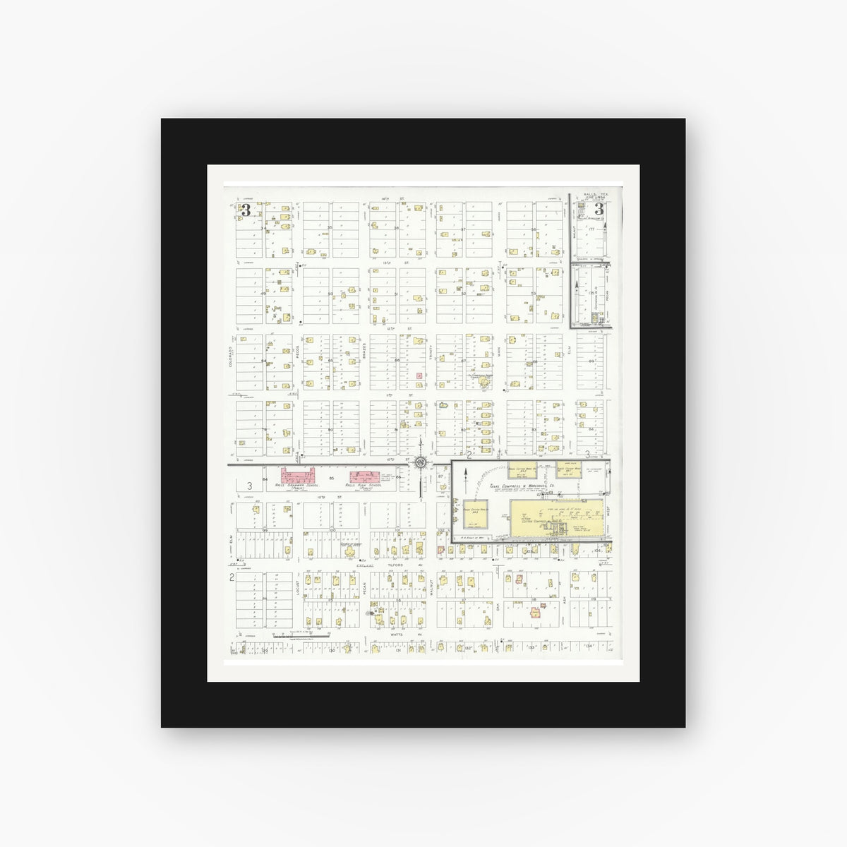 Old map wall art mockup — black gallery frame with white mat — Sanborn Fire Insurance Map from Ralls, Crosby County, Texas (1934), Sheet #0003