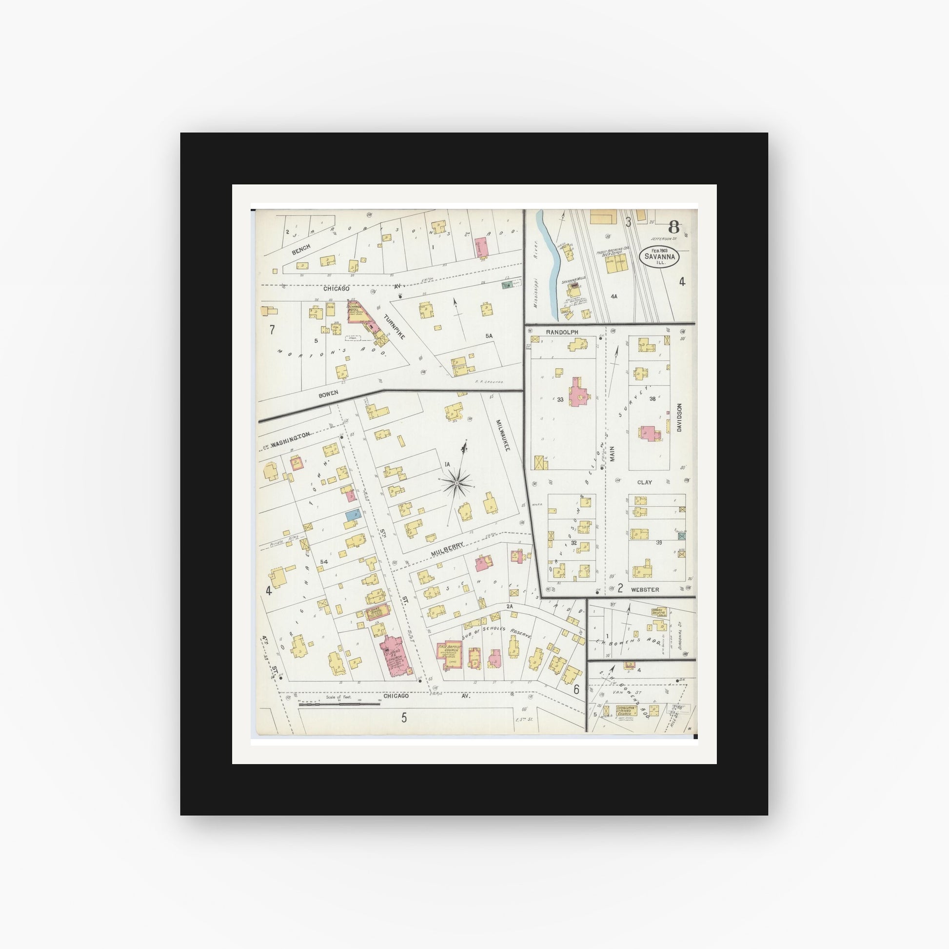 Old map wall art mockup — black gallery frame with white mat — Sanborn Fire Insurance Map from Savanna, Carroll County, Illinois (1903), Sheet #0008
