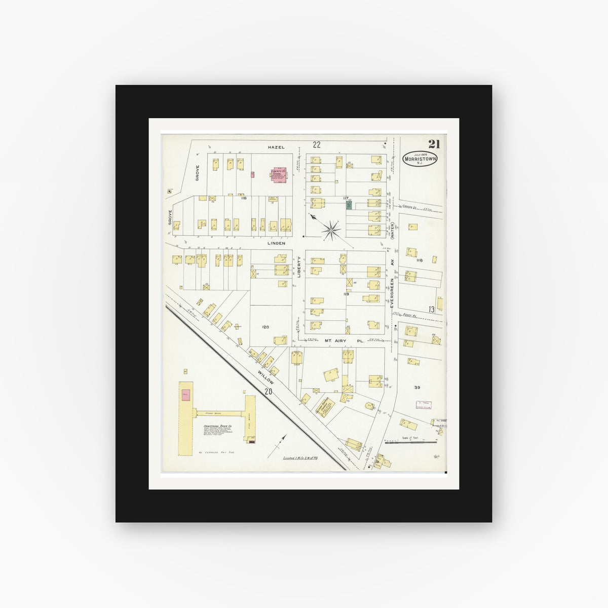 Old map wall art mockup — black gallery frame with white mat — Sanborn Fire Insurance Map from Morristown, Morris County, New Jersey (1909), Sheet #0021