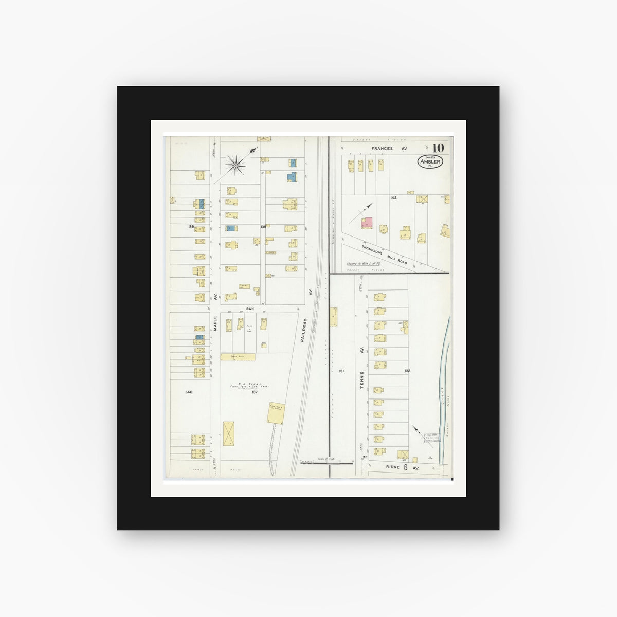 Old map wall art mockup — black gallery frame with white mat — Sanborn Fire Insurance Map from Ambler, Montgomery County, Pennsylvania (1909), Sheet #0010