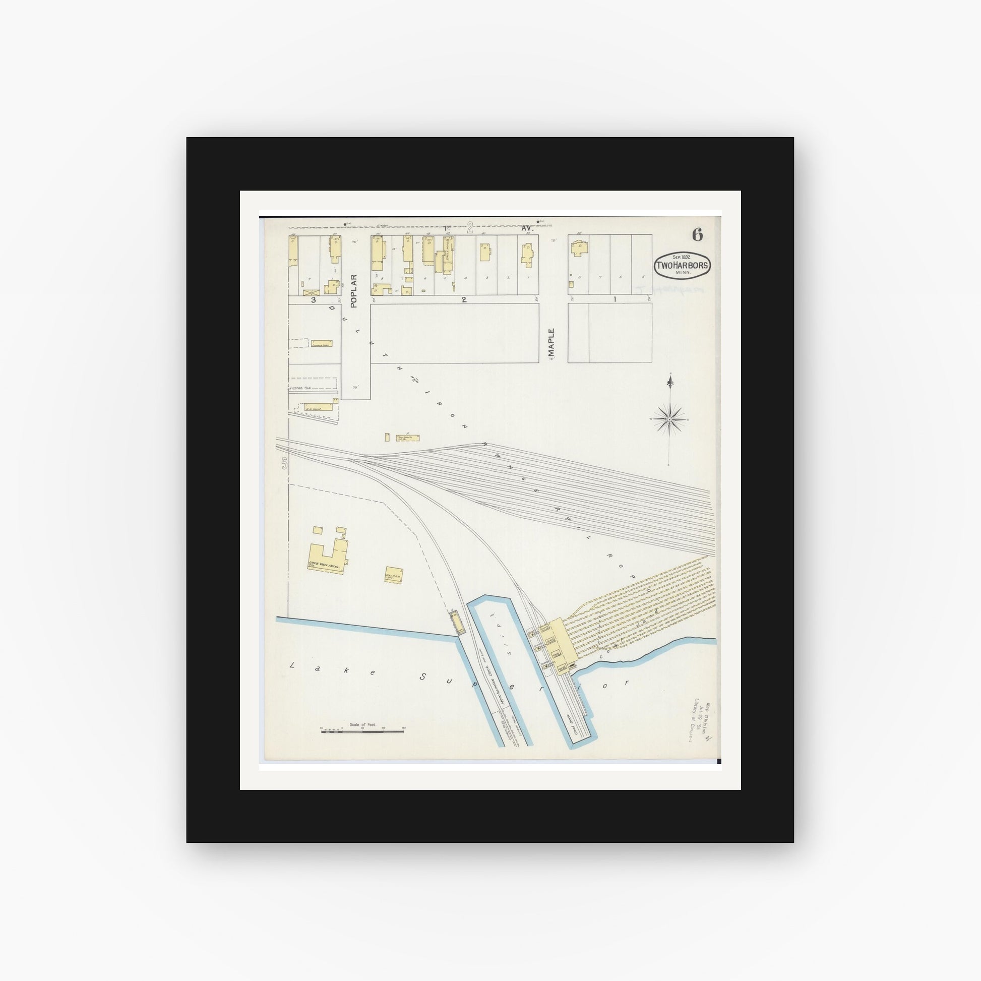 Old map wall art mockup — black gallery frame with white mat — Sanborn Fire Insurance Map from Two Harbors, Lake County, Minnesota (1892), Sheet #0006