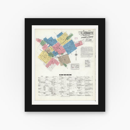 Old map wall art mockup — black gallery frame with white mat — Sanborn Fire Insurance Map from Jeannette, Westmoreland County, Pennsylvania (1916) - Complete Map Set