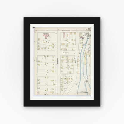 Old map wall art mockup — black gallery frame with white mat — Sanborn Fire Insurance Map from Akron, Summit County, Ohio (1886), Sheet #0016