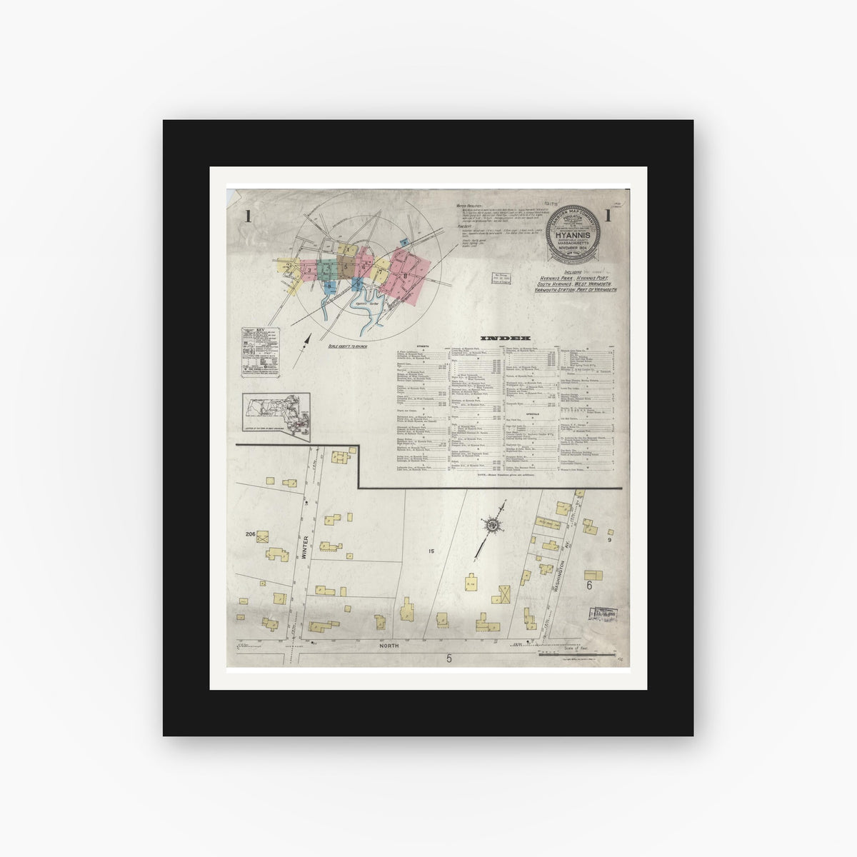 Old map wall art mockup — black gallery frame with white mat — Sanborn Fire Insurance Map from Hyannis, Barnstable County, Massachusetts (1924), Sheet #0001