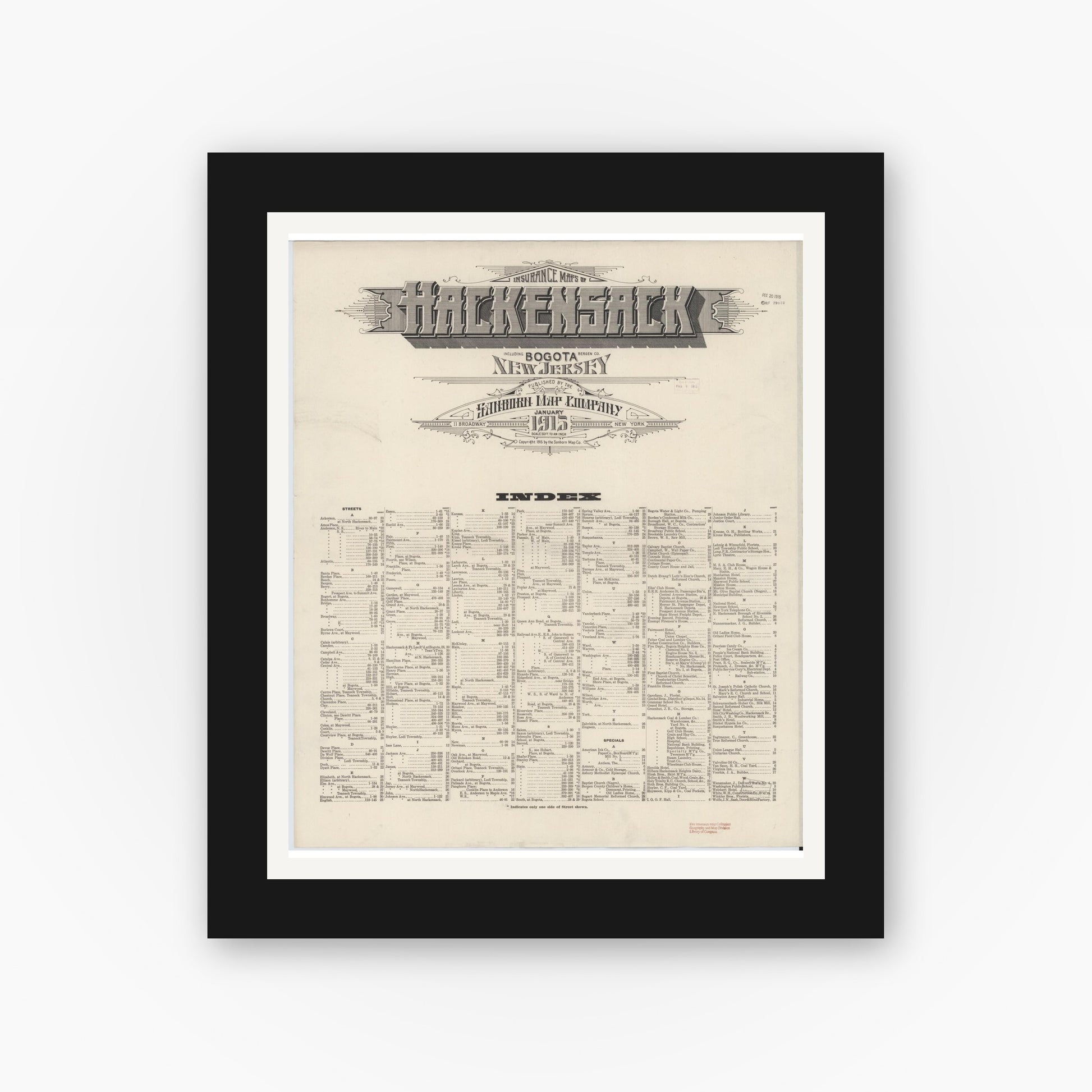 Old map wall art mockup — black gallery frame with white mat — Sanborn Fire Insurance Map from Hackensack, Bergen County, New Jersey (1915), Sheet #0001