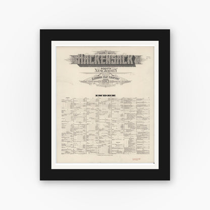 Old map wall art mockup — black gallery frame with white mat — Sanborn Fire Insurance Map from Hackensack, Bergen County, New Jersey (1915), Sheet #0001