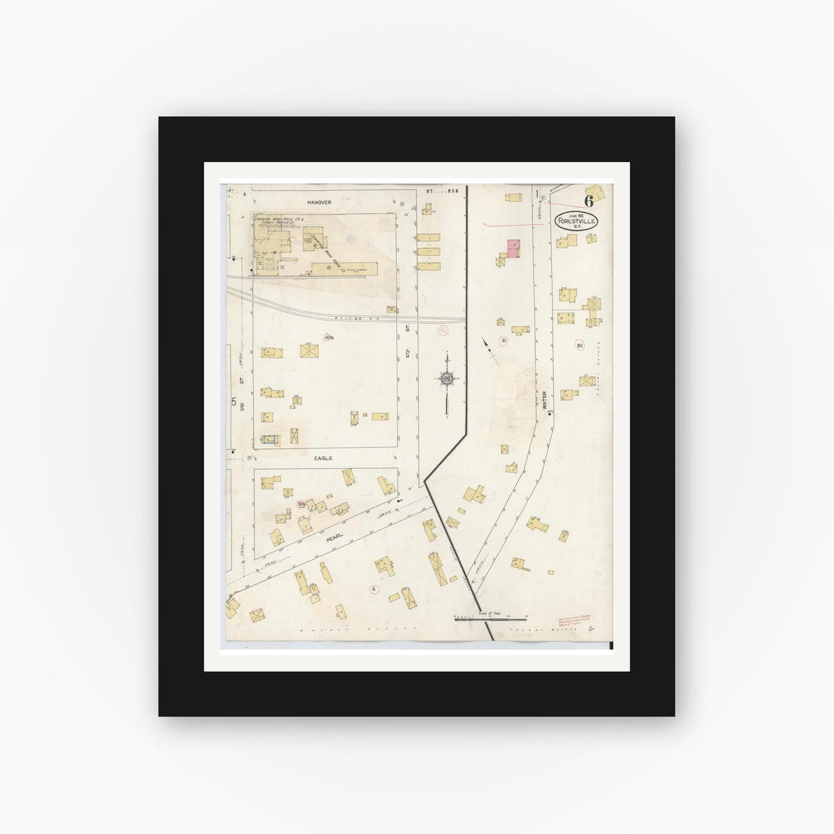 Old map wall art mockup — black gallery frame with white mat — Sanborn Fire Insurance Map from Forestville, Chautauqua County, New York (1941), Sheet #0006