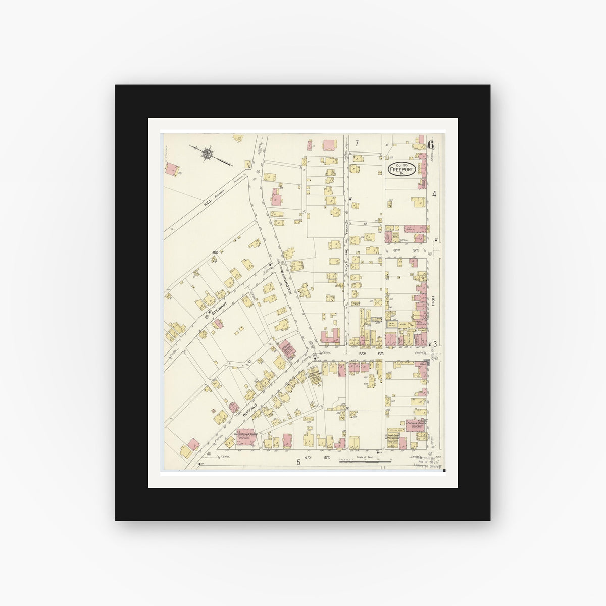 Old map wall art mockup — black gallery frame with white mat — Sanborn Fire Insurance Map from Freeport, Armstrong County, Pennsylvania (1913), Sheet #0006