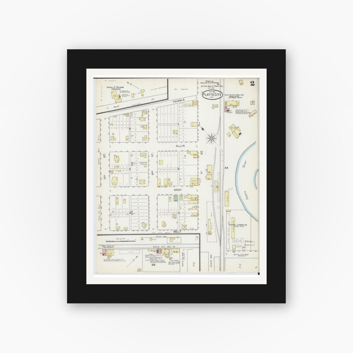 Old map wall art mockup — black gallery frame with white mat — Sanborn Fire Insurance Map from Platte City, Platte County, Missouri (1892), Sheet #0002
