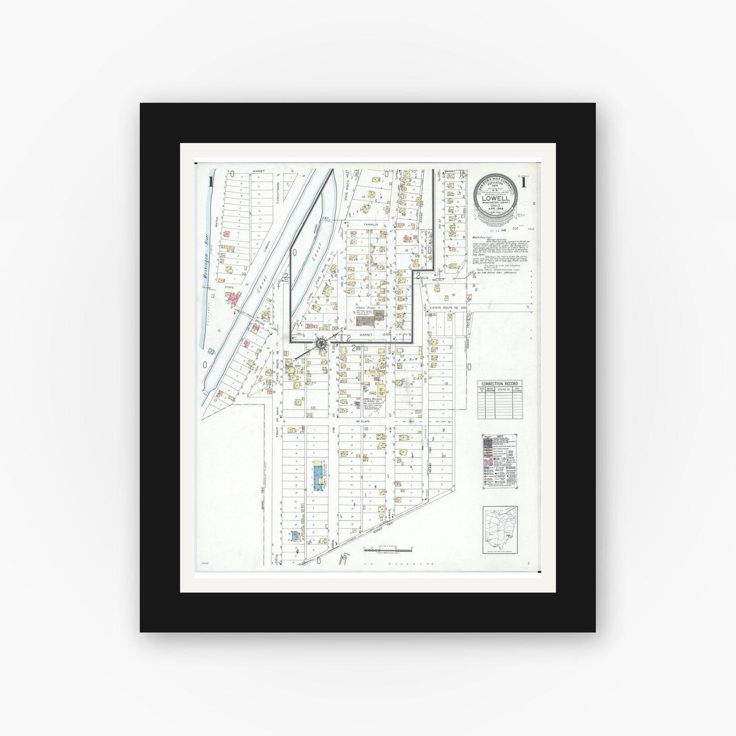 Old map wall art mockup — black gallery frame with white mat — Sanborn Fire Insurance Map from Lowell, Washington County, Ohio (1948), Sheet #0001