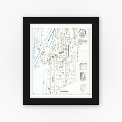 Old map wall art mockup — black gallery frame with white mat — Sanborn Fire Insurance Map from Lowell, Washington County, Ohio (1948), Sheet #0001