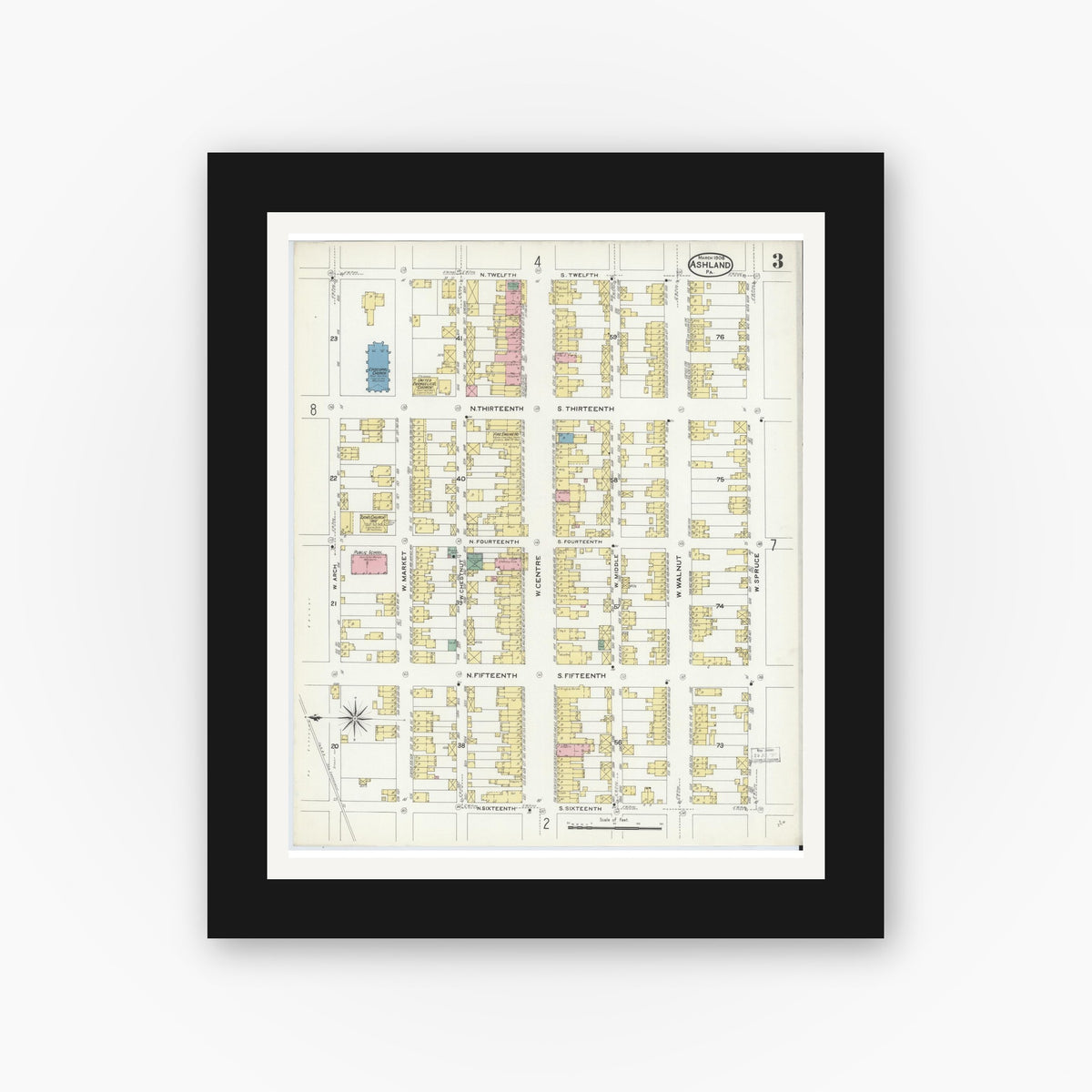 Old map wall art mockup — black gallery frame with white mat — Sanborn Fire Insurance Map from Ashland, Schuylkill County, Pennsylvania (1908), Sheet #0003