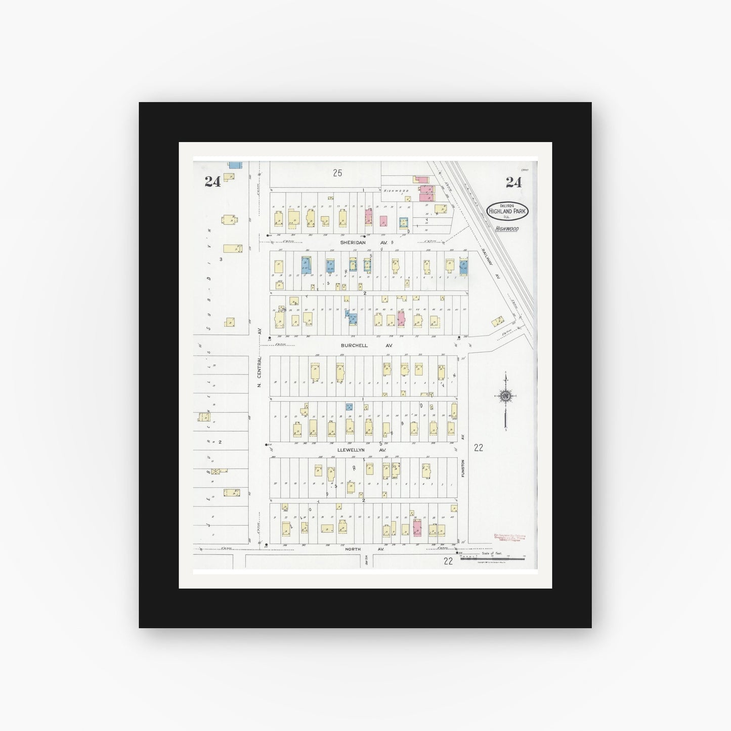 Old map wall art mockup — black gallery frame with white mat — Sanborn Fire Insurance Map from Highland Park, Lake County, Illinois (1924), Sheet #0024