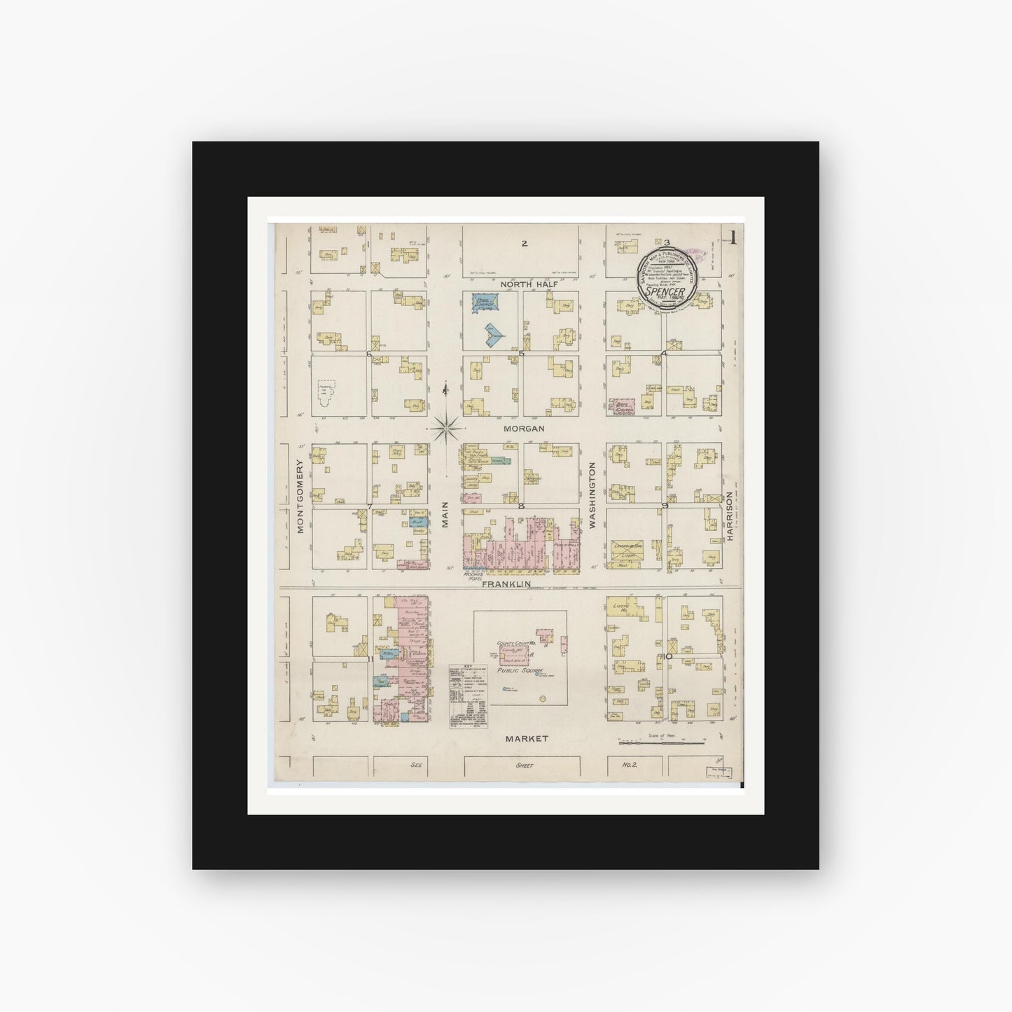 Old map wall art mockup — black gallery frame with white mat — Sanborn Fire Insurance Map from Spencer, Owen County, Indiana (1886) - Complete Map Set