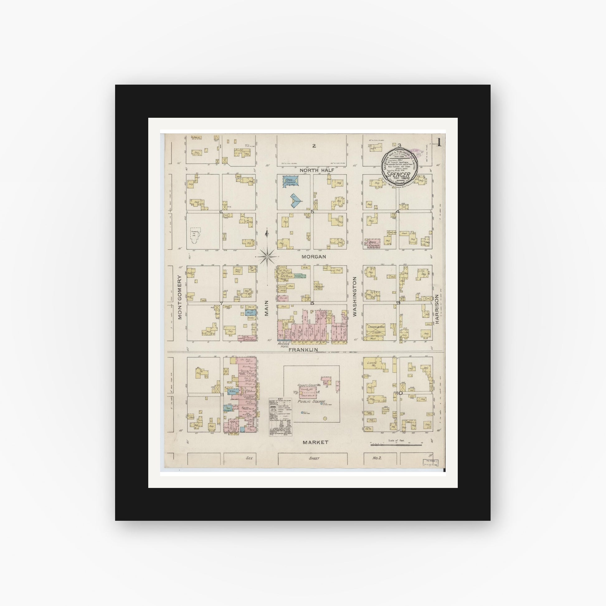 Old map wall art mockup — black gallery frame with white mat — Sanborn Fire Insurance Map from Spencer, Owen County, Indiana (1886) - Complete Map Set