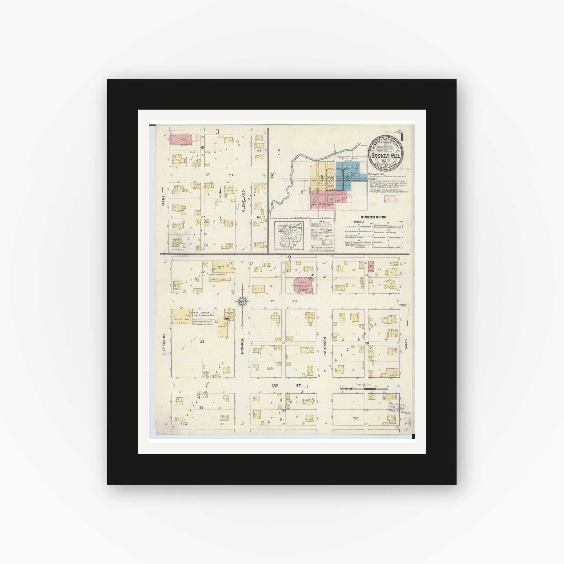 Old map wall art mockup — black gallery frame with white mat — Sanborn Fire Insurance Map from Grover Hill, Paulding County, Ohio (1913) - Complete Map Set