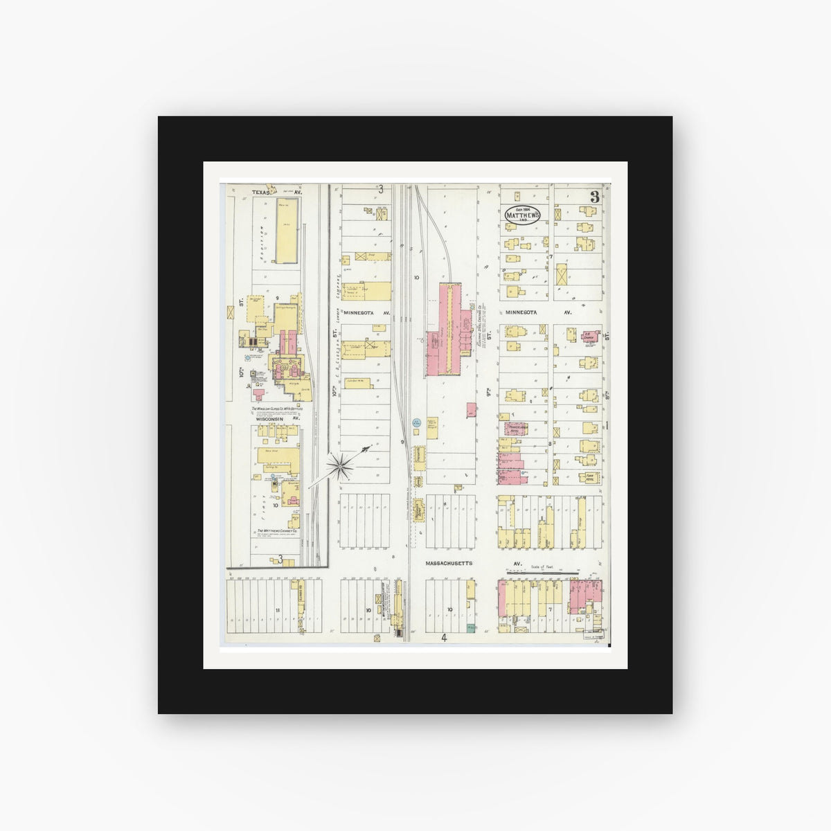 Old map wall art mockup — black gallery frame with white mat — Sanborn Fire Insurance Map from Matthews, Grant County, Indiana (1904), Sheet #0003